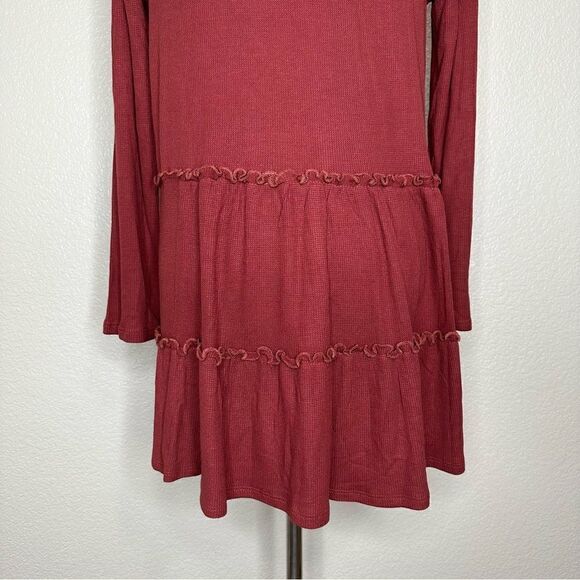 Pink Lily Burgundy Waffle Knit Tiered Ruffle Skirt Long Sleeves Dress - Picture 8 of 11